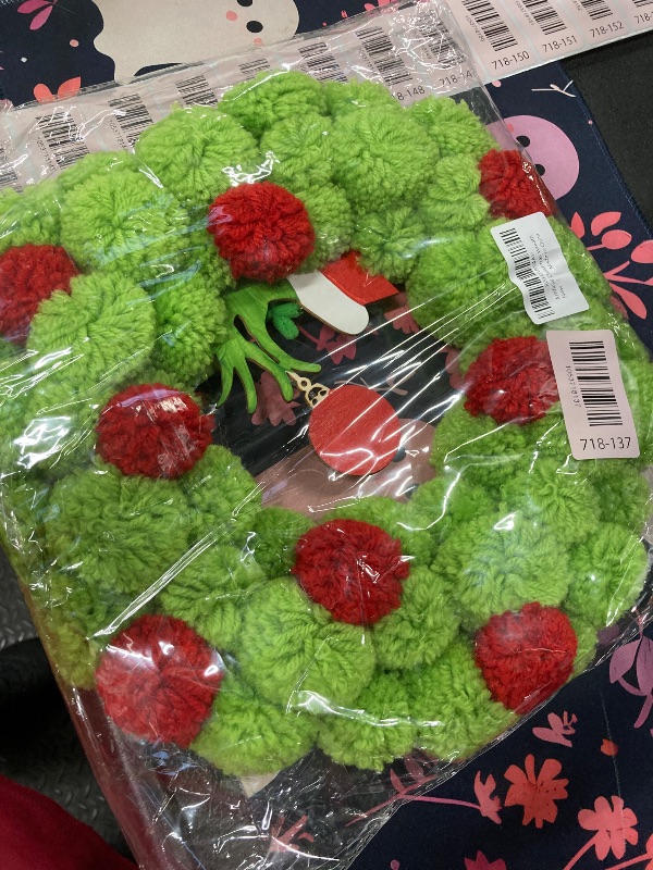 Photo 1 of 13 Inch Christmas Pom-Pom Wreath, Bright Green & Red Fuzzy Ball Door Wreath with Ornament Accent, Small Artificial Festive Decor for Front Door, Indoor/Outdoor Home Wall, Xmas Holiday Decorations