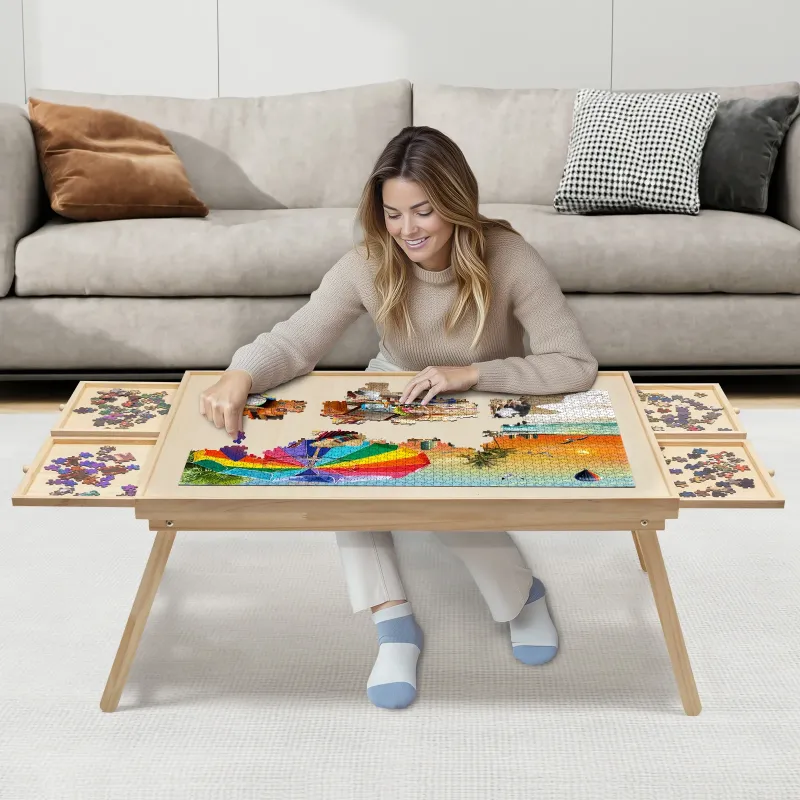 Photo 1 of  Puzzle Table with Folding Legs and 4 Sliding Drawers,34" x 26" Wooden Jigsaw Puzzle Board with Protective Coverfor Adults