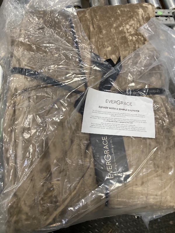 Photo 1 of ***FULL/QUEEN***EVERGRACE Velvet Quilt Set Queen Size, Luxurious Soft Striped Channel Bedding Set, Lightweight Velvet Comforter for All Season, Oversized Bedspread Coverlet with 2 Matching Shams, Beige Taupe 1 Velvet Quilt (90" x 92"), 2 Pillow Shams (20"