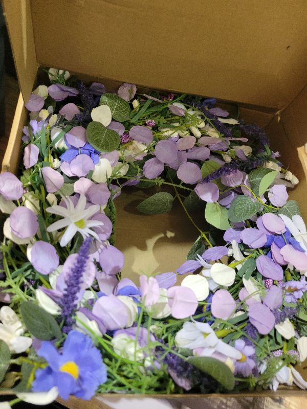 Photo 1 of 18 Inches Spring Wreath for Front Door Country Summer Door Wreaths Farmhouse Spring Floral Wreath with Bluebonnet White Sunflowers Wildflowers for Window Wall Porch Indoor Outside Hanging Decoration