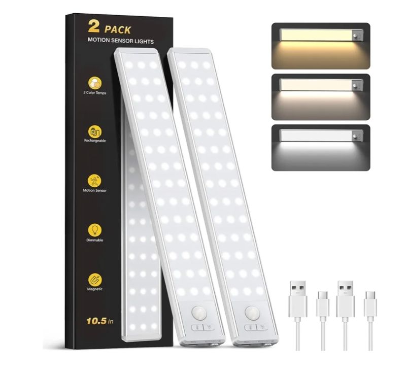 Photo 1 of 10inch Under Cabinet Lighting, 68 LED Rechargeable Motion Sensor Light Indoor, 6 Levels Dimmable Magnetic Closet Lights, Wireless Under Counter Lights for Kitchen, Stairs, Bedroom, 4-Pack Daylight