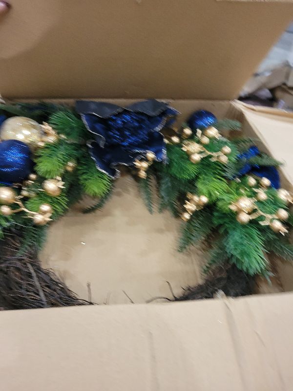 Photo 1 of "20" Christmas Wreath for Front Door – Artificial Winter Half Wreath with Blue Velvet Maglonia Flower, Ball Ornaments, Berry Clusters for Indoor & Covered Outdoor Holiday Christmas Decoration "