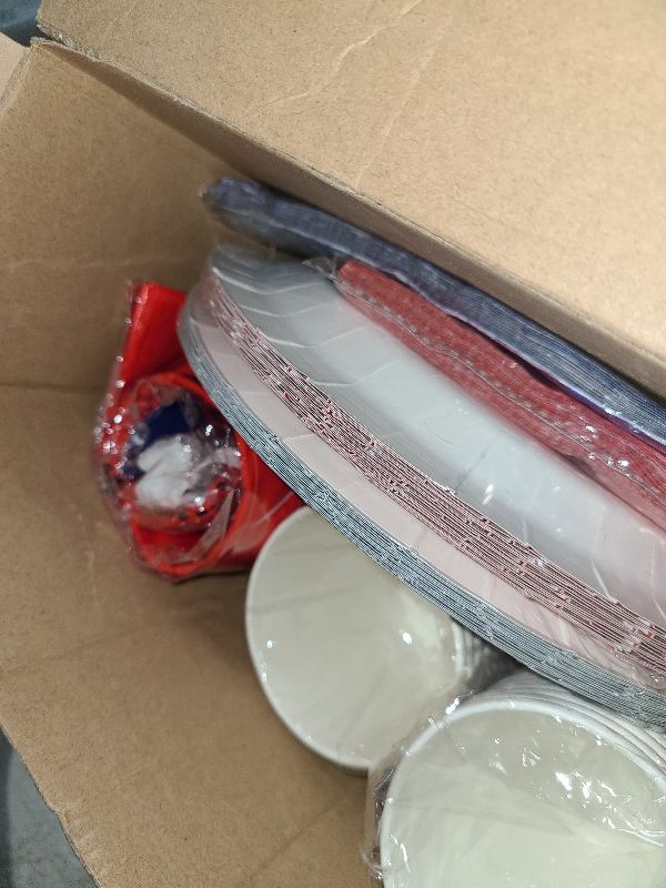 Photo 1 of 123 Pcs Western Cowboy Party Decoration Include 1 Plastic Paisley Print Tablecloth 2 Bandana Pennant Banner 60 Disposable Paper Plates 30 Cups and 30 Napkins for Western Cowboy Theme Party (Red, Blue)