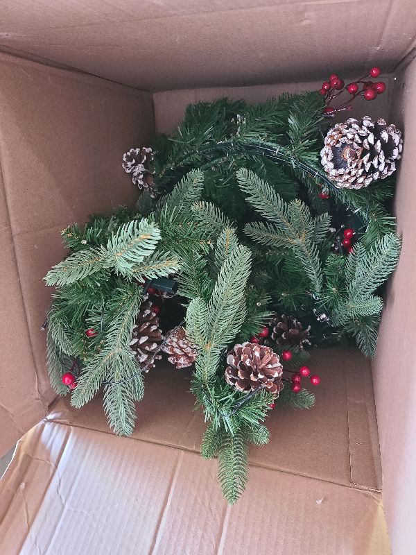 Photo 1 of 24 Inch Prelit Christmas Wreath, Artificial Christmas Wreath for Front Door with LED Lights, Pine Cones, Pine Needles, and Red Berries, Reef for Door Window Mantel Indoor/Outdoor Home Decoration