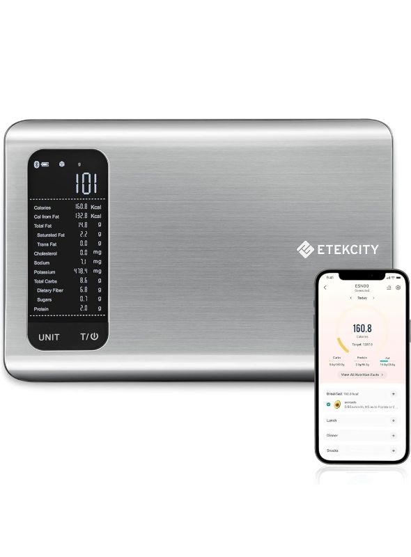 Photo 1 of Etekcity Smart Food Kitchen Scale with Nutritional Calculator, Free App with 19 Nutrients Tracking, Calorie, Marco, Digital grams and ounces for weight loss, Premium Stainless Steel, 11lb