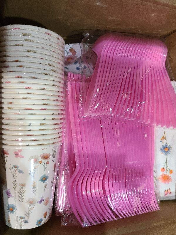 Photo 1 of 168Pcs Wildflower Party Supplies for 24 Guests Spring Floral Baby Shower Birthday Decorations Disposable Paper Plates and Napkins Knives Spoons Forks Cups for Baby Bridal Shower Birthday Party