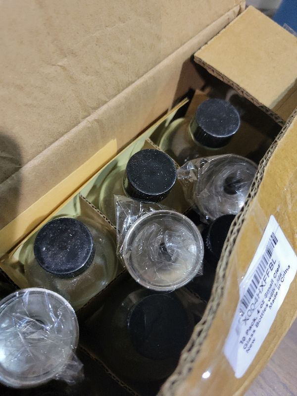 View 2 of 10 Pack, 4 oz Small Clear Glass Bottles w/Lids & 3 Stainless Steel Funnel - 120ml Boston Round Sample Bottle for Potion, Juice, Ginger Shot, Wellness, Oils, Whiskey, Liquids - Leakproof Travel Bottle