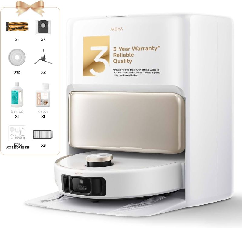 Photo 1 of ***MISSING HARDWARE POWERS ON** WHITE Mova V50 Ultra Complete Robot Vacuum and Mop Self-Cleaning, 24,000 Pa Suction, Liftable Navigation with Obstacle Overcoming and Warm Water Mopping with DuoSolution System Designed for Pets