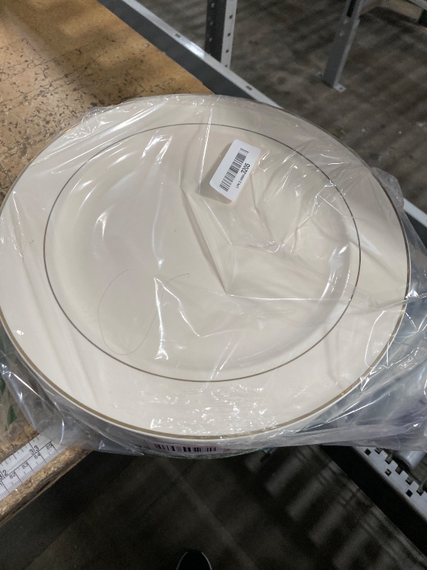 Photo 1 of " OCCASIONS " 40 Piece Chargers pack Wedding Party 12'' Disposable Plastic Charger Plates/Chargers (Ivory & Gold Rim)