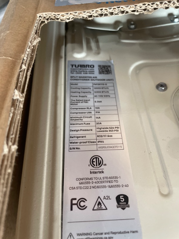 Photo 1 of ***INCOMPLETE***TURBRO 12,000 BTU Ductless Mini Split AC with Heat Pump, Inverter Compressor, 20 SEER2, 115V, R32 Refrigerant, Pre-charged Evaporator, WiFi-Enabled, Works with App, AHRI Certified, Finnmark Series