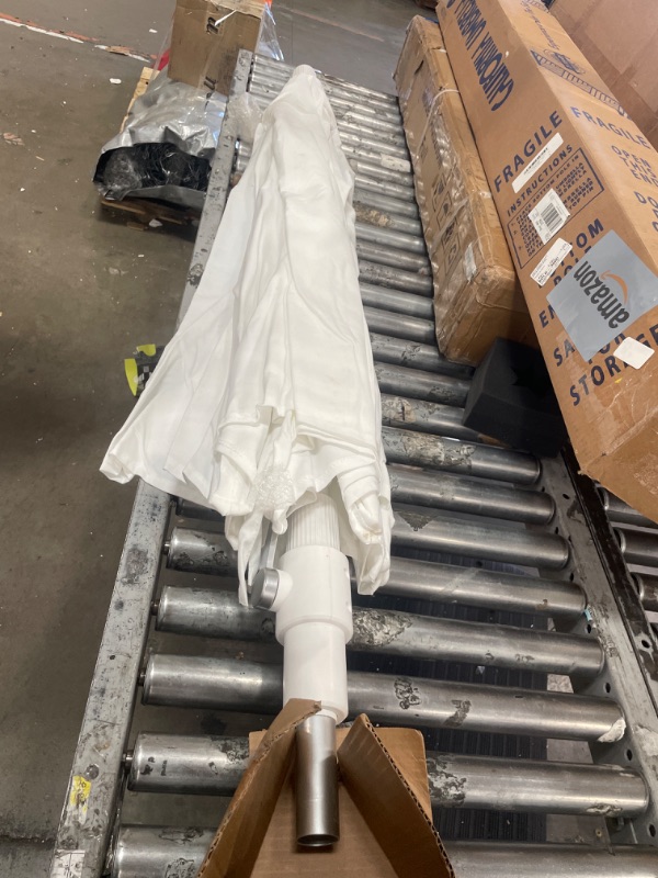Photo 1 of **************MISSING THE BOTTOM HALF OF THE POLE****************
California Umbrella 9' Round Aluminum Pole Fiberglass Rib Market Umbrella, Crank Lift, Collar Tilt, White Pole, White Olefin