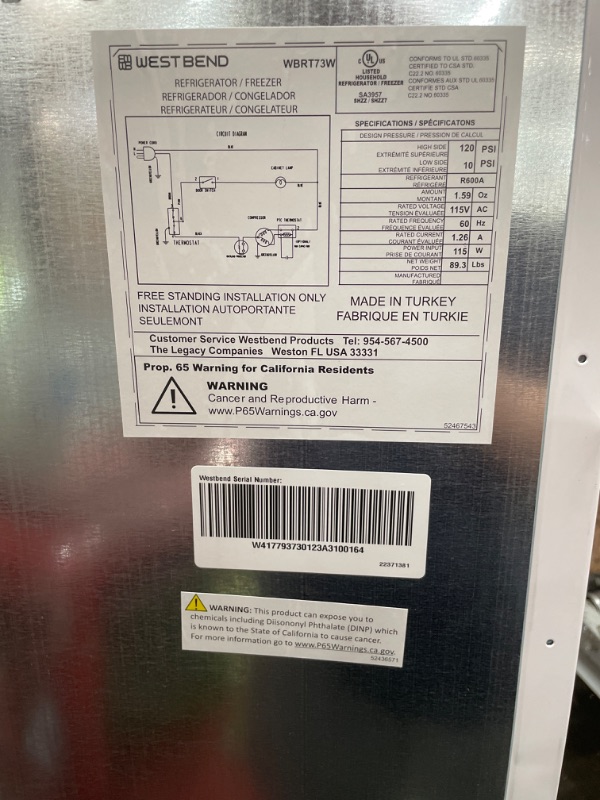 Photo 1 of **FOR PARTS ONLY**
West Bend Apartment Refrigerator Freestanding Dual Door Slim Design Full Fridge with Top Freezer, Adjustable Mechanical Control, for Condo, House, Small Kitchen Use, 7.4-Cu.Ft, White