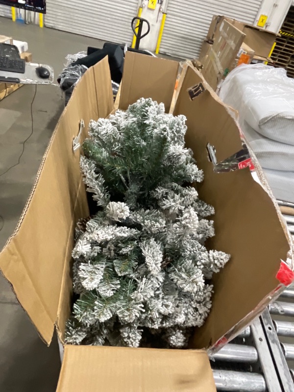 Photo 1 of ***(NO LIGHTS)***Maylaviu 6ft Snow Flocked Christmas Tree, Premium Hinged Unlit Artificial Christmas Pine Tree with Pine Cone, Artificial Xmas Tree for Home Office Store, Metal Stand and Hinged Branches