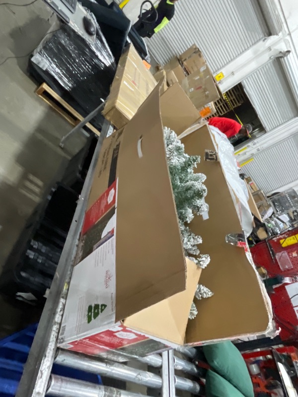 Photo 1 of ***(NO LIGHTS)***Maylaviu 6ft Snow Flocked Christmas Tree, Premium Hinged Unlit Artificial Christmas Pine Tree with Pine Cone, Artificial Xmas Tree for Home Office Store, Metal Stand and Hinged Branches