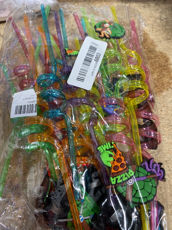 Photo 1 of 24PCS Green Turtles Birthday Party Plastic Straws for Teenage Cartoon Turtle Party Favors, Reusable Crazy Straws with 6 Style Patterns for Kids Party Supplies with 2 Brushes