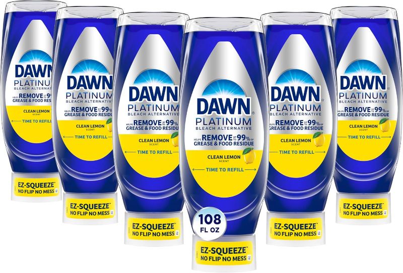 Photo 1 of 
Dawn Platinum EZ-Squeeze Dish Soap Liquid, Dishwashing Liquid, Grease Removal, Upside Down Bottle, Bleach Alternative Clean Lemon, 6x18 Fl Oz Bundle