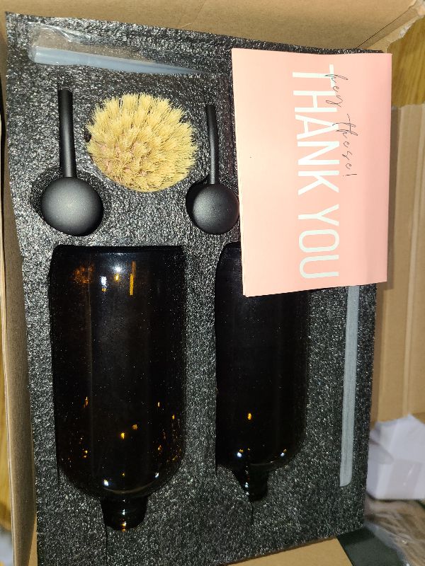 Photo 1 of [Luxury] Kitchen Soap Dispenser Set - 16OZ Amber Glass Bottle, Stainless Steel Pump, Instant Dry Tray, Waterproof Labels, Non-Slip Silicone Pad, and Dish Brush | Upgrade for Your Kitchen and Bathroom