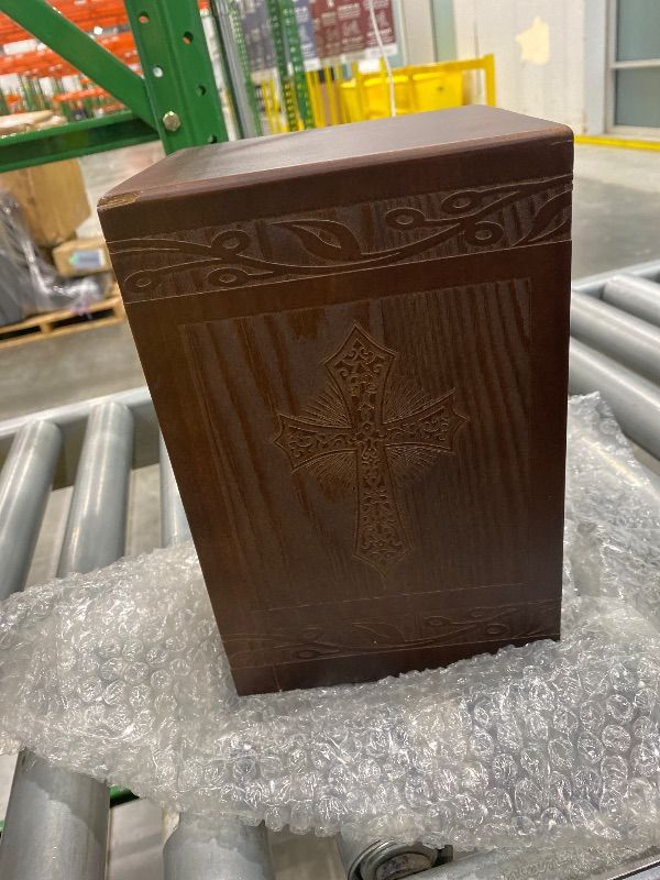 Photo 1 of *MINOR DAMAGE - USED*
Cremation Urns for Human Ashes Adult Male Female, Wooden Carved Cross Urns Box and Casket for Ashe Men Women Child, Pets Cat Dog Urn, Burial Funeral Memorial Urns for Ashes, Holds 222 Cubic Inch