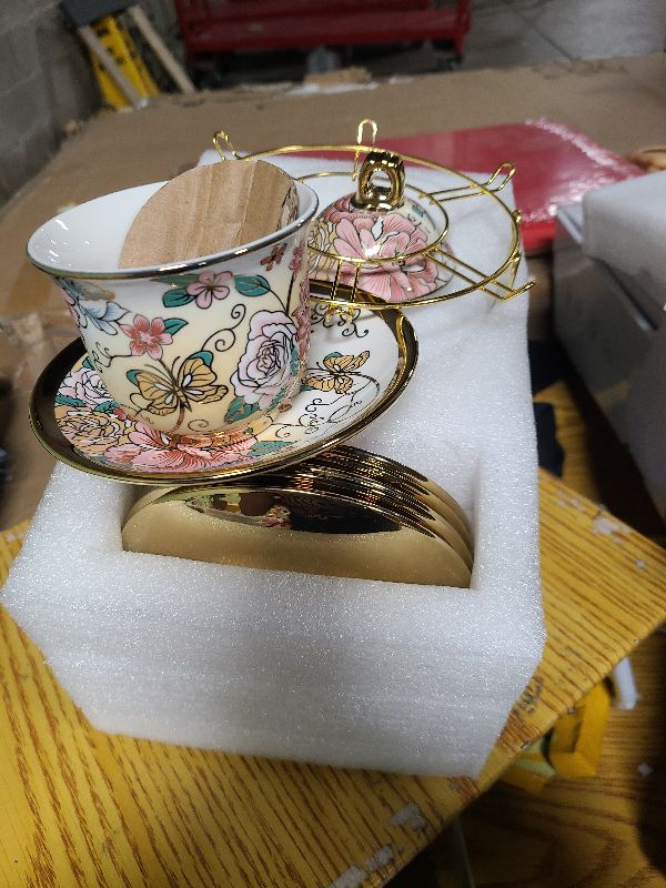 Photo 1 of 20 Pieces Porcelain Tea Set With Metal Holder, European Ceramic tea set for adults,Flower Tea Set,Tea Set For Women With Flower Painting?Light Green?