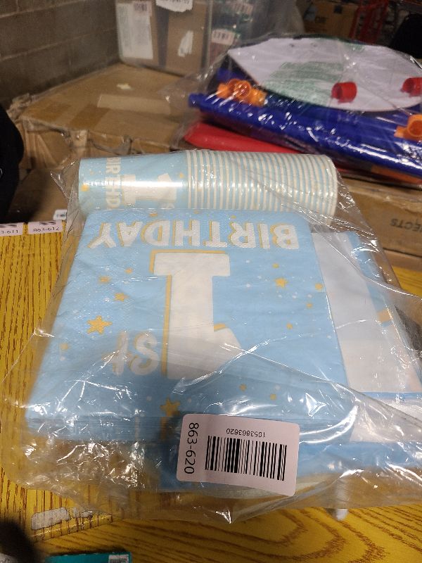 Photo 1 of 1st Birthday Decorations Boy - Baby Blue Party Supplies Kit for 25 Guests | Includes Plates, Napkins, Cups, Banner & Tablecloth | First Birthday Decorations for Boy