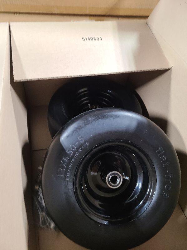 Photo 1 of 2 Pcs 13×6.50-6 Flat Free Lawn Mower Tires and Wheels, with 3/4" & 5/8" Bearing, 13x6.50-6 Zero Turn Mower Front Tires for Commercial Garden Lawn, 4"- 8.2" Centered Hub