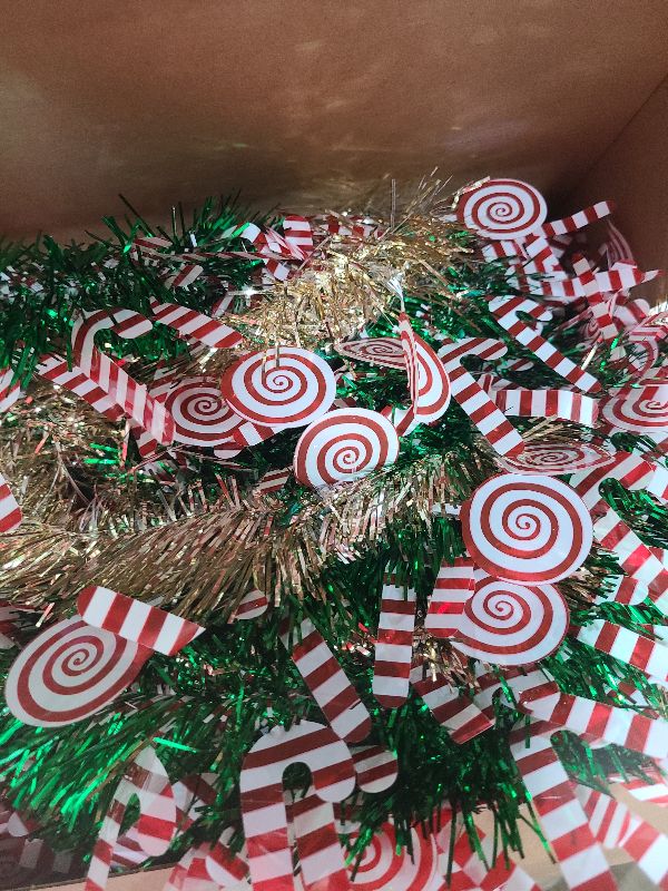 Photo 1 of [Timer] 6 Ft Pop Up Christmas Tree with Lights, Green&Gold Tinsel Pencil Tree with 50 Multicolored Light Christmas Balls Lollipop Candy Cane Battery Operated for Home Holiday Xmas Party Indoor Decor