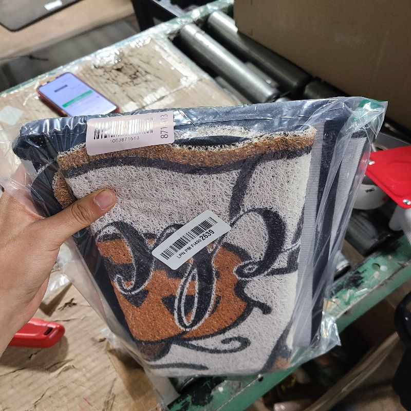 Photo 1 of 2 Pcs Halloween Welcome Door Mats, Ghost Outdoor Polypropylene Coir Mat with White Ghosts & Pumpkin, Black White Stripe Crystal Velvet Non-Slip Rug for Front Porch Entryway