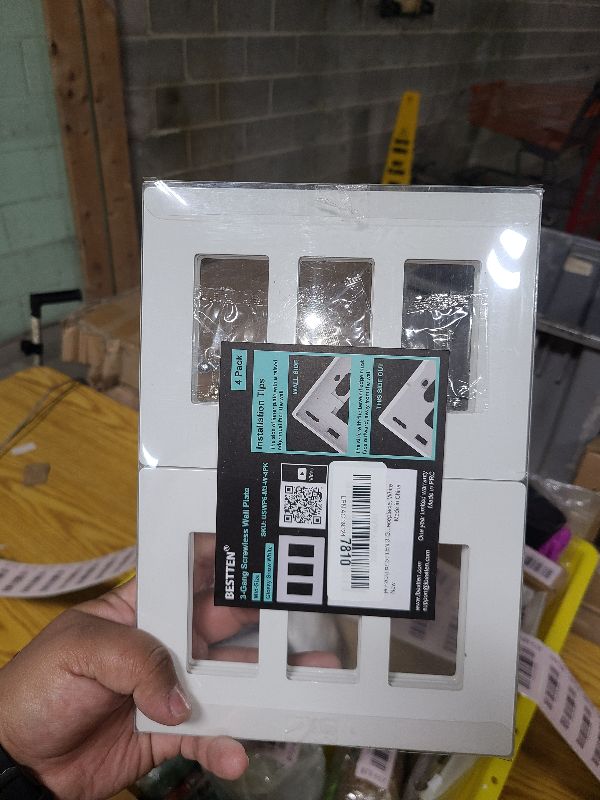 Photo 1 of [4 Pack] BESTTEN 3 Gang Mid-Size Screwless Outlet Cover, Midway Decorative Wall Plate, USWP6 Gloss Snow White, Midsize H4.88" x W6.74", UL Listed