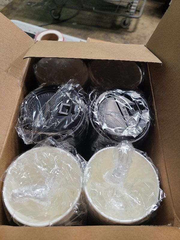 Photo 1 of 12oz To Go Coffee Cups with Lids, Sleeves and Stirrers (100 Pack), Disposable Paper Cups with two Designs for Home, Business and Café. Hot/Cold Beverage Drinking Cups for Water, Juice or Tea.