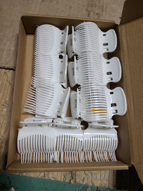 Photo 1 of 12 Pieces Hot Roller Hair Curler Claw Clips Replacement for Small, Medium, Large and Jumbo Rollers holding Women Girls Hair Section Styling