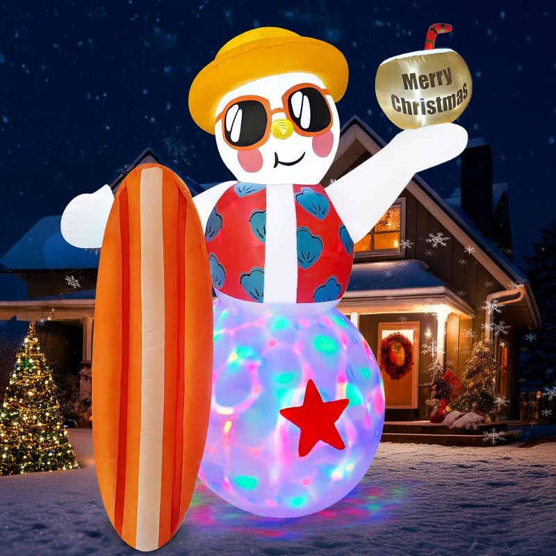 Photo 1 of **MSRP 54.99** 8FT Funny Christmas Inflatables Outdoor Decoration, Hawaiian Inflatable Snowman Surfboard with Rotating LEDs, Christmas Blow Ups for Beach Christmas Decorations Outside Indoor Yard Xmas