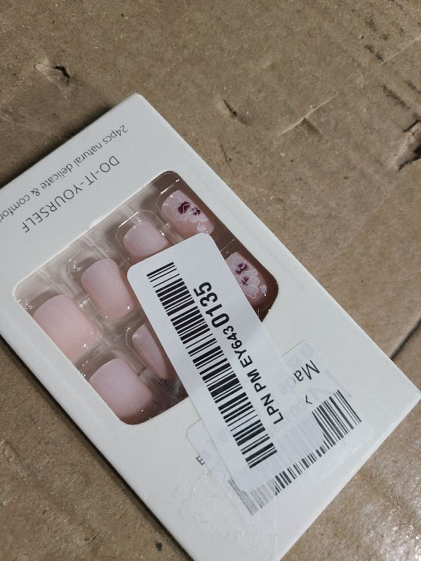 Photo 1 of 24pcs Press on Nails Short Square Fake Nails Petite White Pink Gradient False Nails Acrylic Nail with French Colorful Floral Designs Artificial Nail Glossy Stick on Nails for Women and Girls Summer