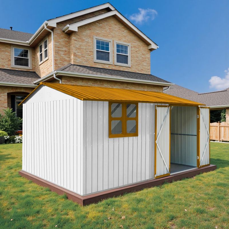 Photo 1 of 10' x 8' Large Outdoor Storage Shed, Sturdy Metal Building w/Windows & Lockable Doors for Garden, Backyard, Poolside and Lawn, Yellow
