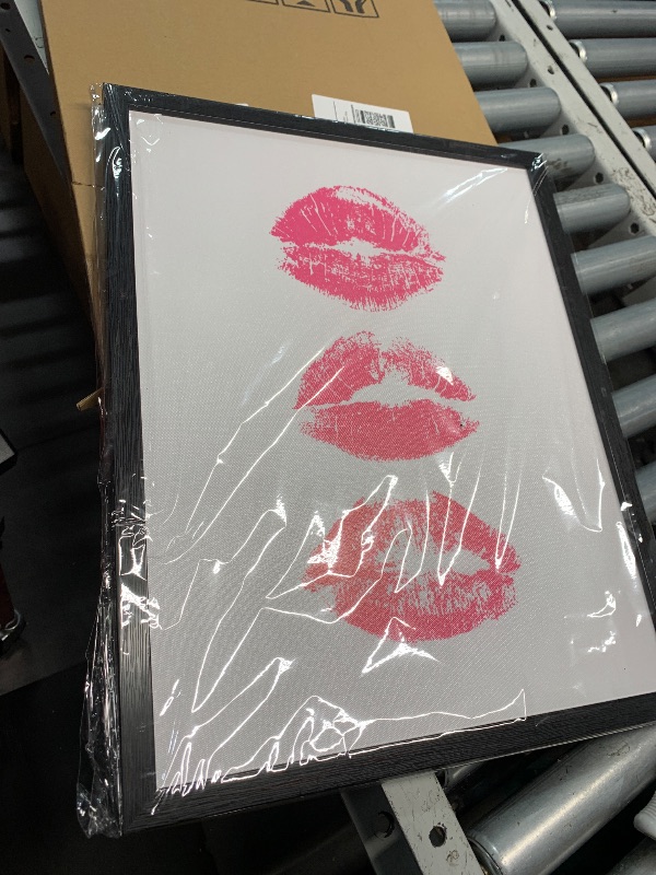 Photo 1 of **STOCK PHOTO FOR REFERENCE, ONE EDGE OF FRAME IS CRACKED** PINK AND WHITE GRAMED WALL ART WOMEN MAKEUP KISS LIPS PIECTURES 16x20