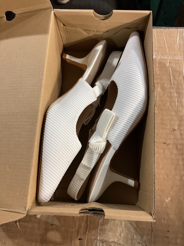 Photo 1 of ***(USED/ MINOR DAMAGE)***Coutgo Womens Slingback Kitten Heels Closed Pointed Toe Bowknot Knitted Slip On Work Pumps Dress Shoes, White, Size 8.5