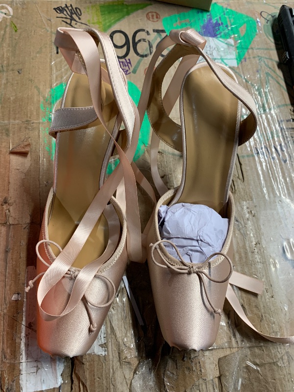 Photo 1 of ***(HEAVILY USED/ MINOR DAMAGE)***Riekhany Satin Ballet Heels for Women Closed Square Toe Bow Ballerina Heels Lace Up High Heel Slingback Pumps Strappy Stiletto Mary Janes Elegant Party Shoes Pink