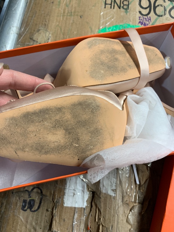 Photo 1 of ***(HEAVILY USED/ MINOR DAMAGE)***Riekhany Satin Ballet Heels for Women Closed Square Toe Bow Ballerina Heels Lace Up High Heel Slingback Pumps Strappy Stiletto Mary Janes Elegant Party Shoes Pink
