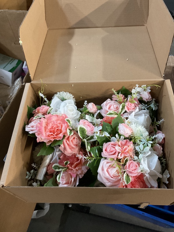 Photo 1 of (FAIR) (PARTIAL SET) TINGE TIME CoralPink Bridesmaid Bouquets Set of 4 7 Inch Wedding Bouquets Artificial Silk Flowers Bridal Bouquets for Bridesmaids, Wedding Decor, Anniversary, Party
