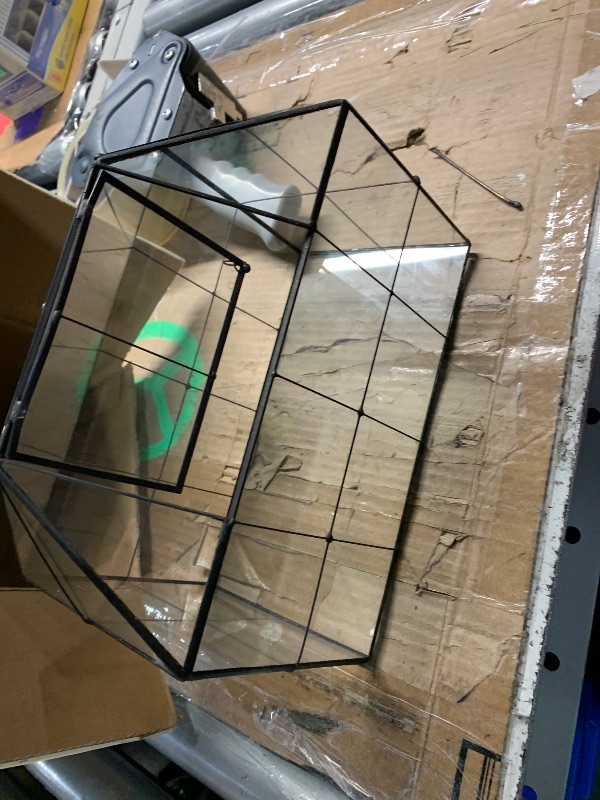Photo 1 of ***(MAJOR DAMAGE/ SEE NOTES)***NCYP Glass Terrarium Planter with Lid for Small Succulent Cacti, Grid House Shape Black Geometric Terrarium Pot, Home Garden Indoor Tabletop Decor, 9.84" x 5.31" x 7.87" (No Plants)