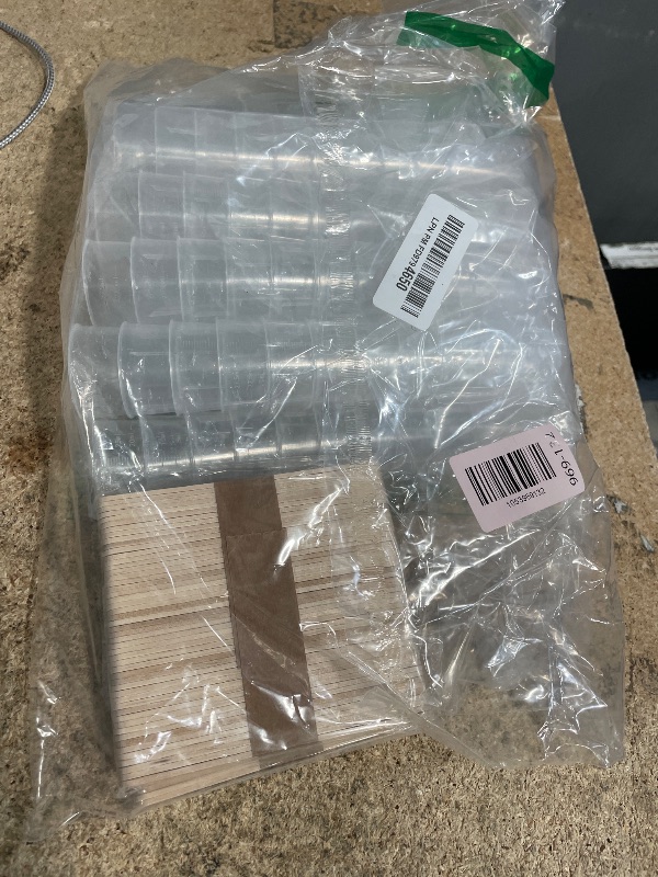 Photo 1 of 100 Pack 30ml/1oz Transparent Measuring Cups Reusable Clear Plastic Graduated Epoxy Mixing Cups with 100 Pack Wooden Stirring Sticks for Liquids Resin, Epoxy, Stain, Mixing Paint, School Labs