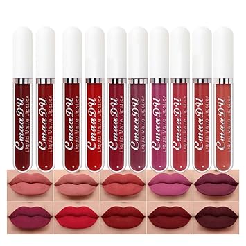 Photo 1 of 10Pcs Liquid Matte Matt Lipstick Set for Black Women, Dark Deep Bright Ruby Sexy Brick Mauve Plum Red Violet Purple Matte Lipstick Long Lasting Lipstick 24 hour Waterproof Lip Gloss