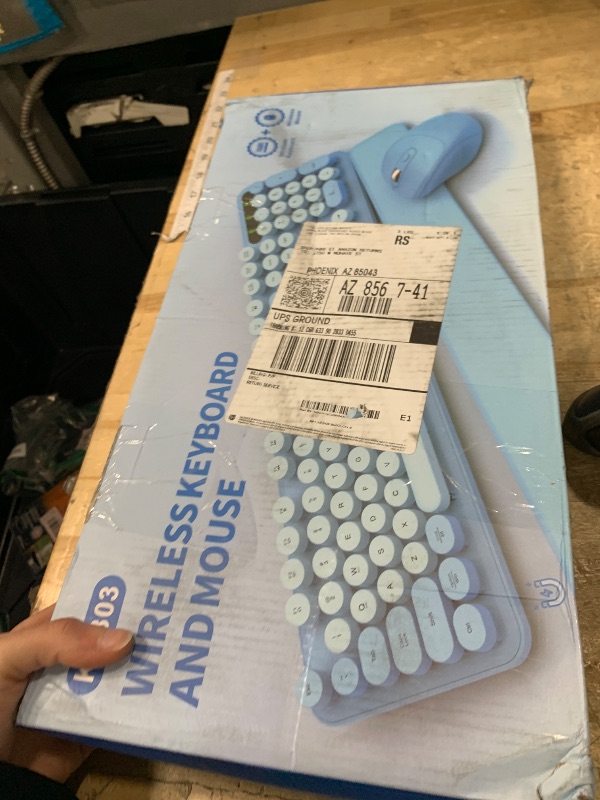 Photo 1 of **missing dongle***Wireless Keyboard and Mouse Combo - Cute Typewriter Keyboard with Detachable Wrist Rest, Retro Round Keycaps, Foldable Legs, 2.4GHz Full-Size for PC, Laptop, Windows - Trueque (Glacier Blue)