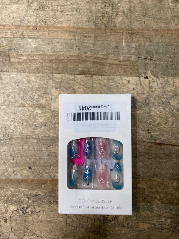 Photo 1 of 24 Pcs Ombre Blue Press on Nails Short Almond,MINGCHUN Fall Fake Nails Press ons Acrylic Nail Art Tips Kit Full Cover False Nails Glue on Nails with Starburst 3D Texture Design for Women Nail Supplies