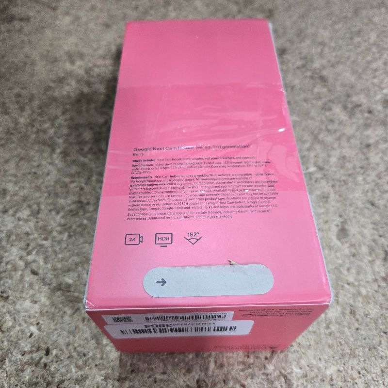Photo 1 of **FACTORY SEALED** Google Nest Cam Indoor (Wired, 3rd Gen) - Security Camera with 2K Video and Gemini, Night Vision, 2-Way Audio, Works with Google Home - 2025 Model - Berry