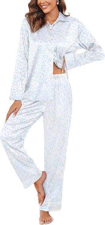 Photo 1 of *** SIMILAR IMAGE**VENTELAN Women Button Up Pajama Set Long Sleeve Shirt And Long Pajama Pants Soft Pjs Lounge Sets,M Blue LEOPARD PRINT