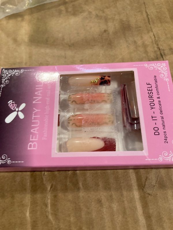 Photo 1 of ** MISSING PIECES** Long Press on Nails French Tip Fake Nails Square Press on False Nails with Gold Designs Stick on Nails Red Glossy Full Cover Glue on Nail Cute Summer Artificial Nail for Women 24Pcs