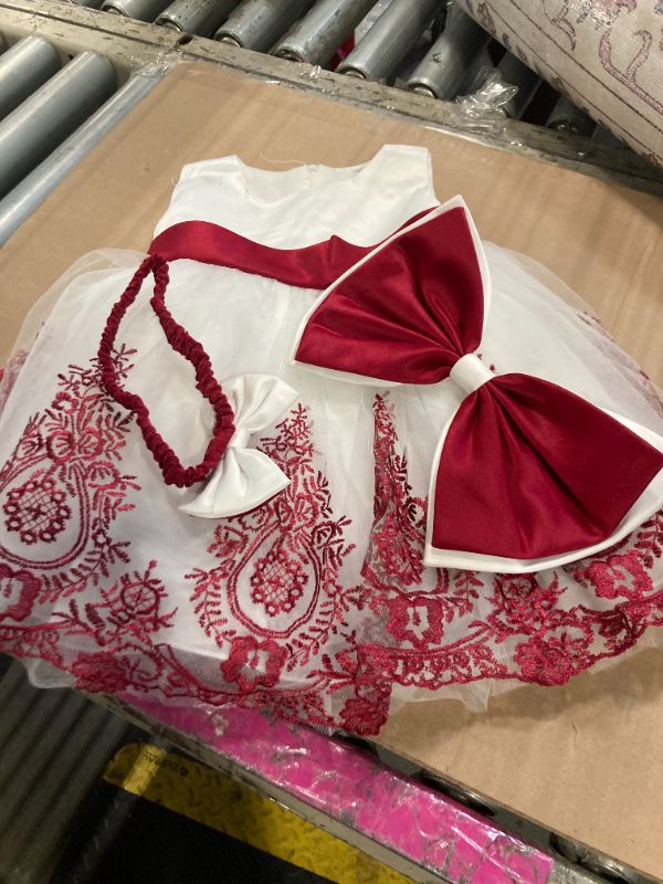 Photo 1 of ***CORRECT ITEM****Baby Girls Embroidery Dresses Toddler Lace Ruffles New Year Easter Tutu Dress with Headwear (White+Burgundy,80)