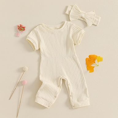 Photo 1 of ****STOCK PHOTO, ITEM/ COLOR MAY VARY****Winioder Newborn Baby Girl Boy Clothes Ruffle Ribbed Long Sleeve Button Romper Jumpsuit with Headband Hat Coming Home Outfit (beige, 6-9 Months)