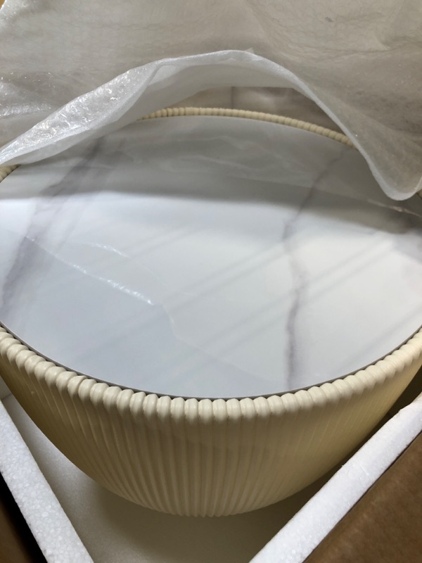 Photo 1 of ***INCOMPLETE SET, ONE ONLY*** Manhattan Comfort Anderson Modern 18" Round End Table 2.0 | Ceramic Marble Tabletop, Elegant Pleated Leatherette Design & Gold Stainless Steel Base, Fully Assembled Accent Furniture, Set of 2, Cream