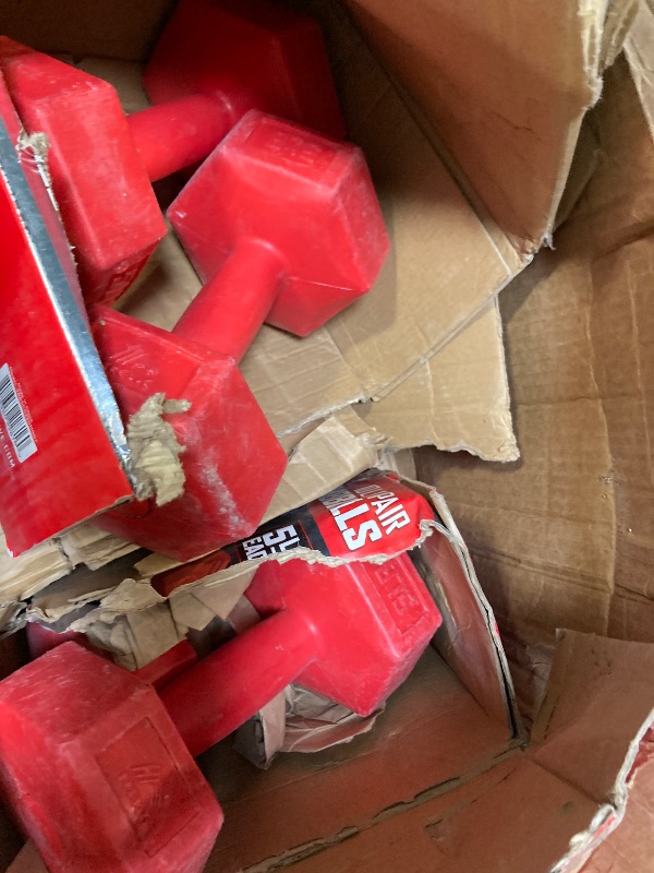 Photo 1 of **2 pack of a set of 2 (4 dumbells total)**  RBX 5LB Hexagonal Dumbbell Set, Roll-Proof Vinyl-Coated Weights, Easy Grip, Ideal for Upper Body Toning, Travel Friendly, Great for All Fitness Levels Red